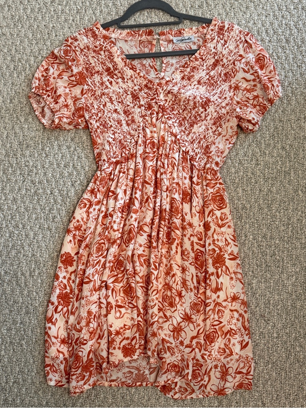 Smocked Floral Mini Dress in Rust Pink - Unbranded